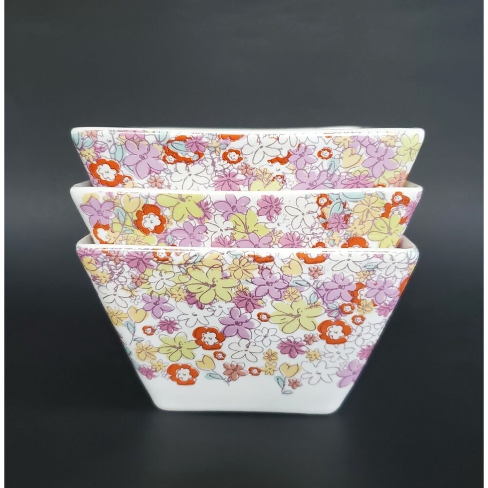 222 Fifth Floral Riot Square Rice Bowls 3ct Garden Party Nut/Candy/Sauce Serving